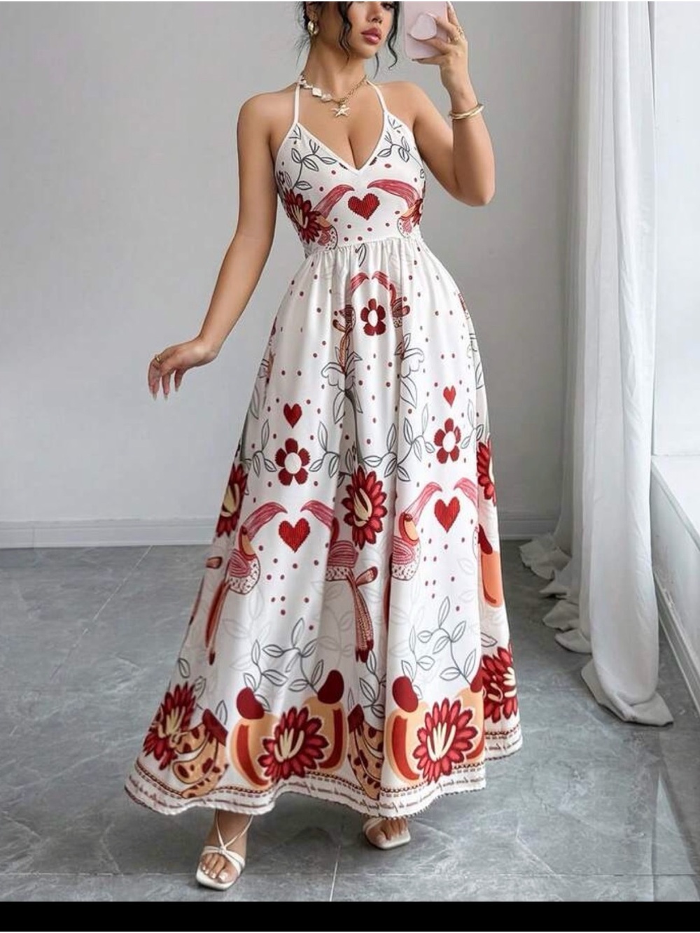 White Floral Heart Maxi Dress with Red Accents